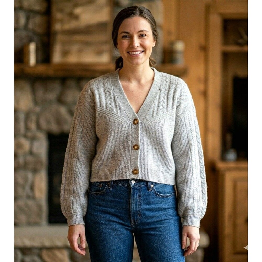 House of Harlow 1960 Gray Cable Knit Cardigan Sweater XL Button Front Chunky
